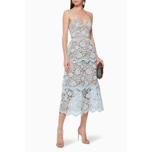 Self-Portrait Flower Lace Midi Tiered Dress US 0 blue